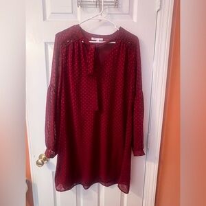 DR2 Burgundy Long-Sleeve Tie-Neck Dress
